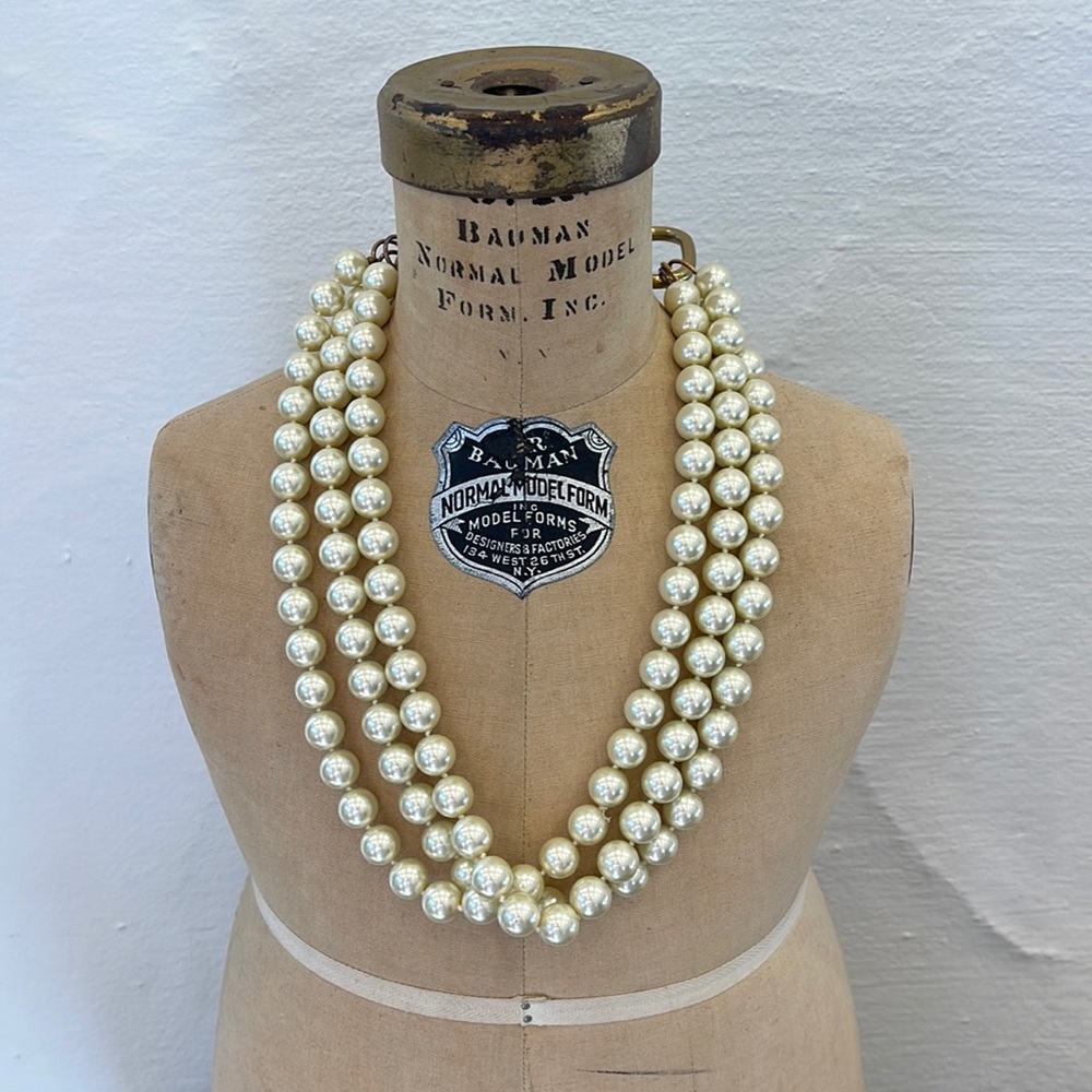 Chunky 3 strand pearl necklace with brass clasp